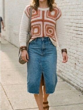 Dreamers Crochet Knit Granny Square Short Sleeve Sweater Top Cream Size Small